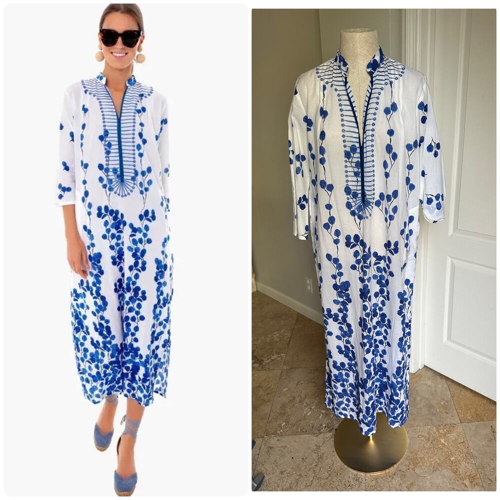 Ro's Garden Clorinda Long Kaftan in white and blue Sz M